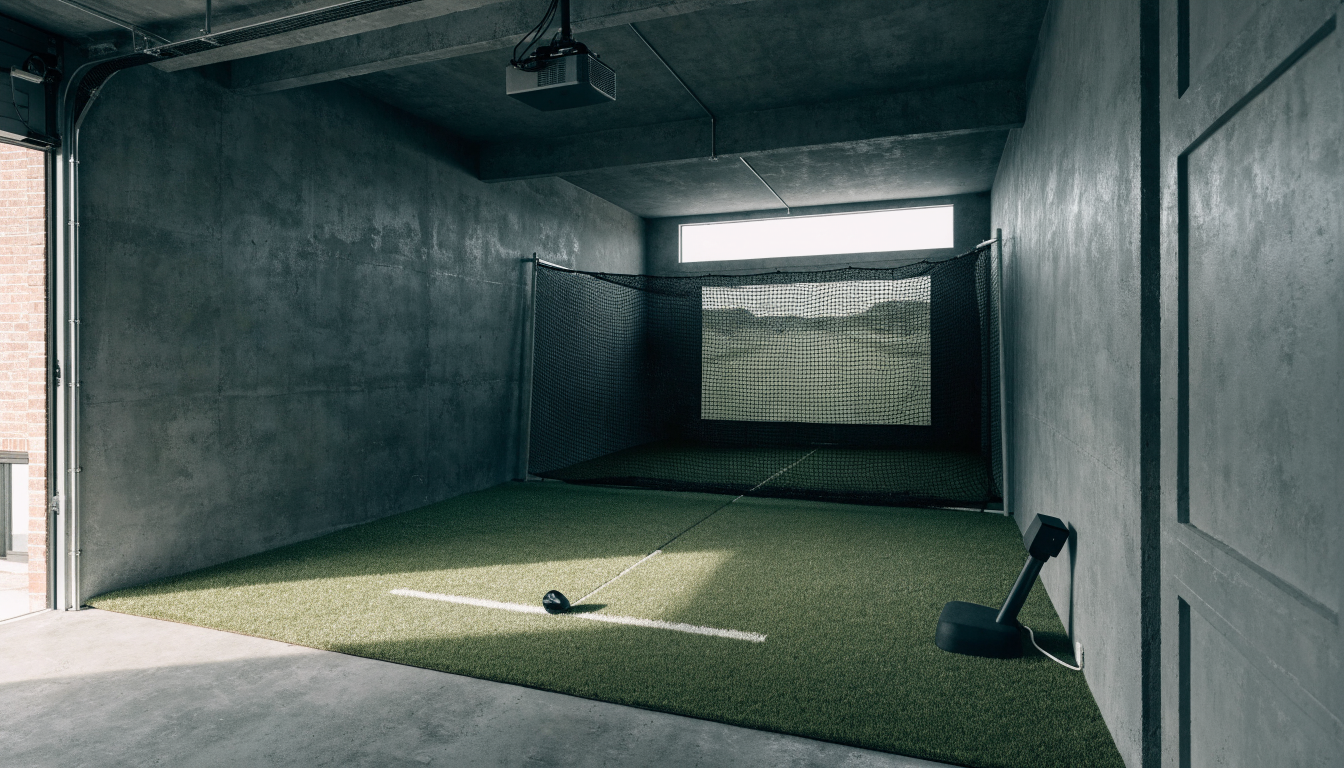 Illustration av ett rum för simulatorgolf med nät, slagyta och bildskärm